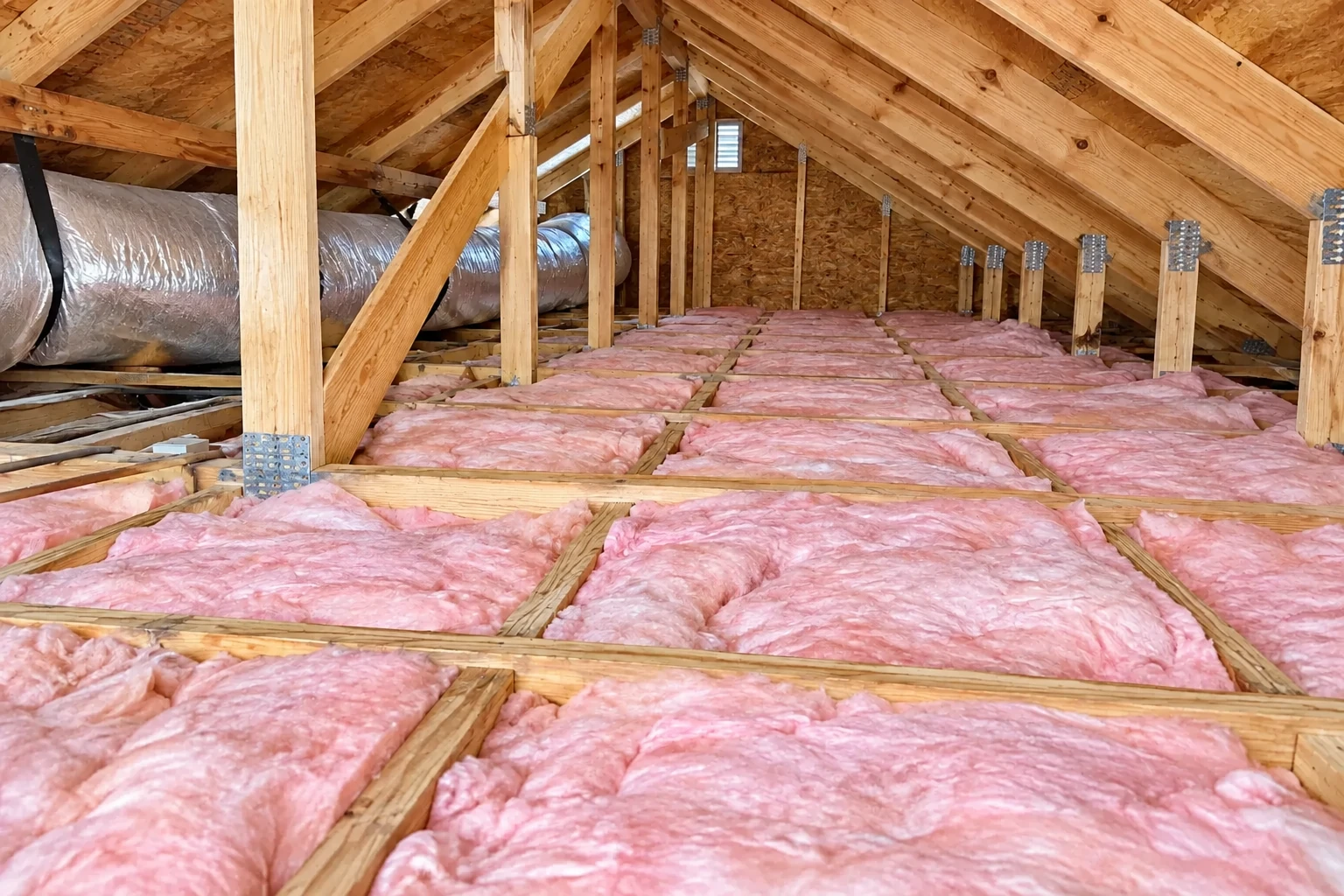 Pink insulation fills the attic floor joists beneath exposed wooden roof framing.