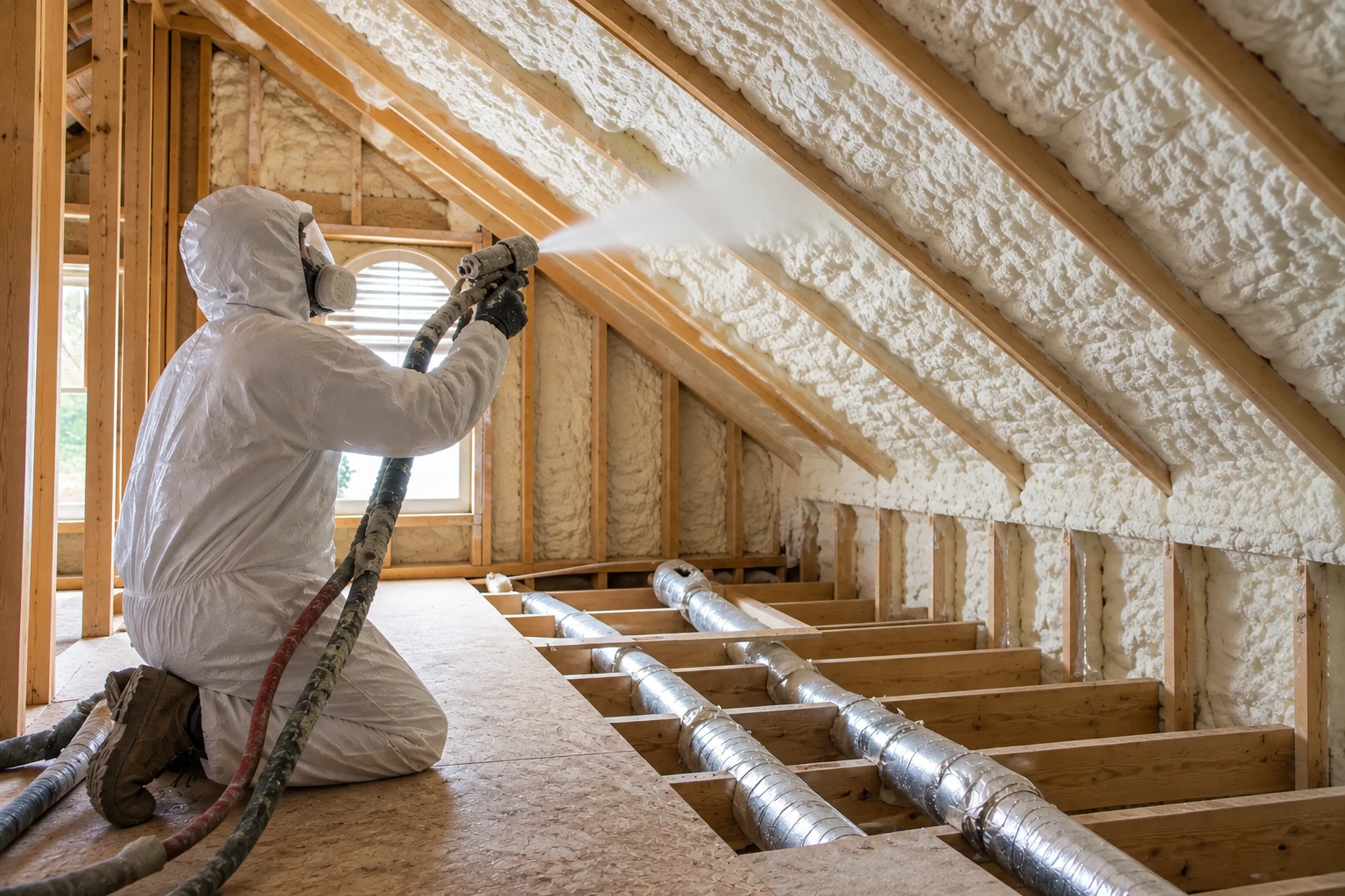 A worker in protective gear sprays foam insulation onto an attic roof between exposed wooden rafters.