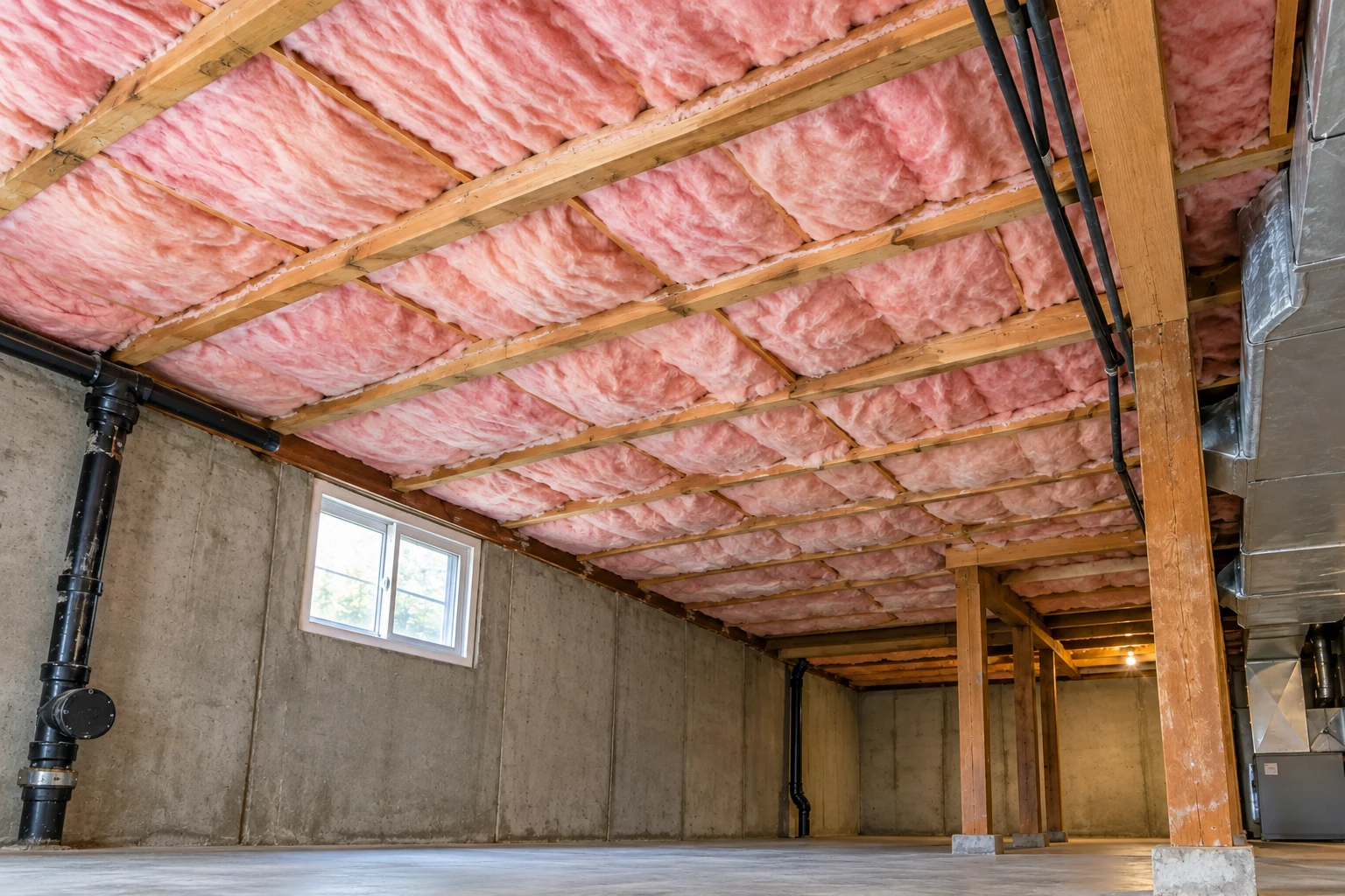 Basement with pink fiberglass batts fitted between ceiling joists above concrete walls and a bare floor.