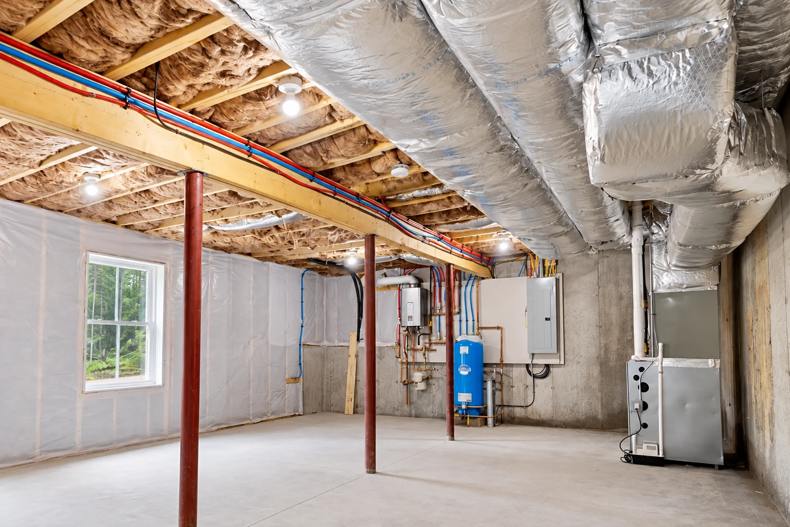 An unfinished basement has fiberglass insulation between ceiling joists, exposed ducts, plumbing, and utility equipment.