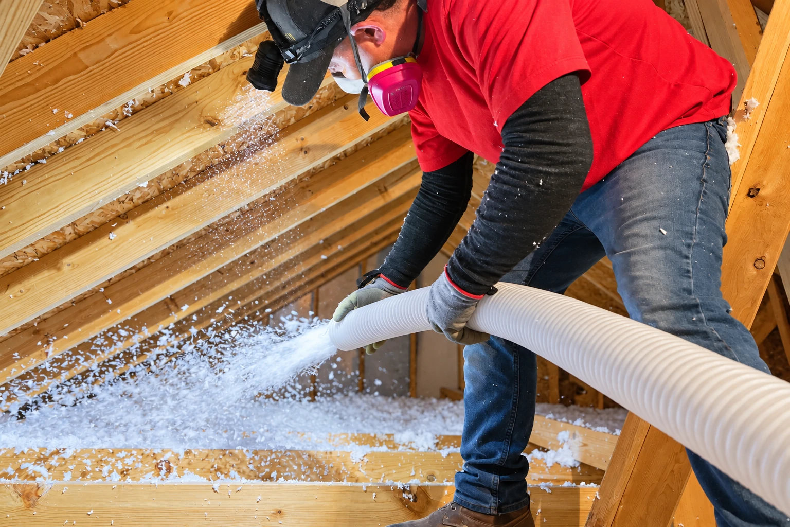 A worker in a respirator directs a hose as loose white insulation is blown between attic joists.