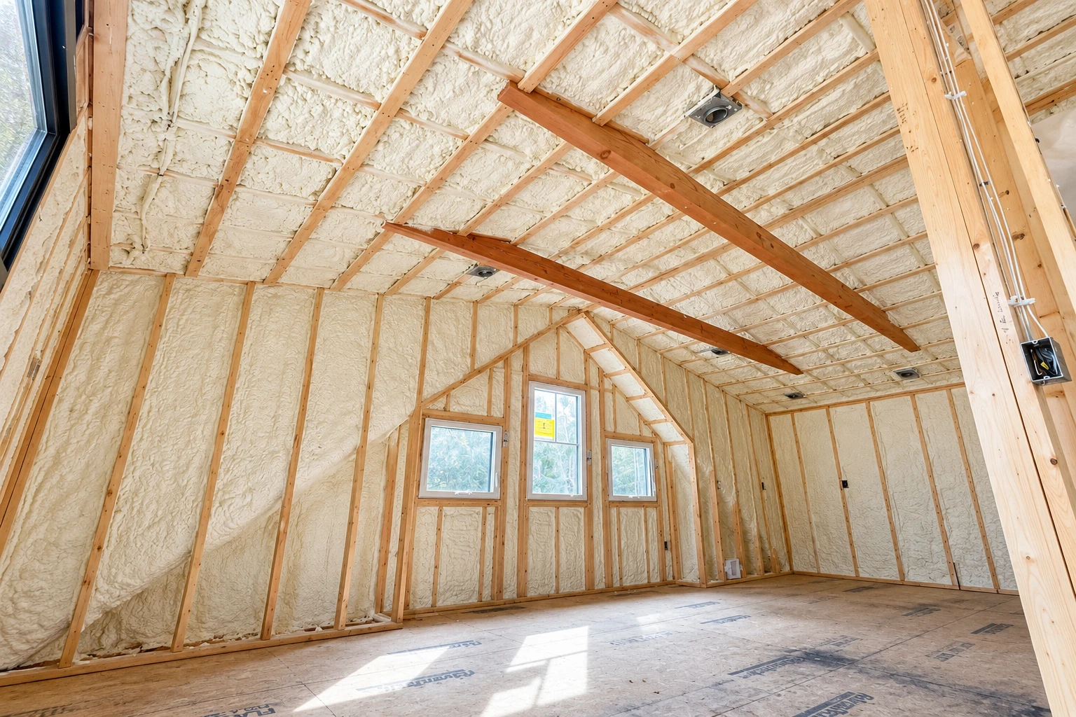 Closed-cell foam insulation fills the roof and wall framing of an unfinished room with exposed wooden beams and windows.