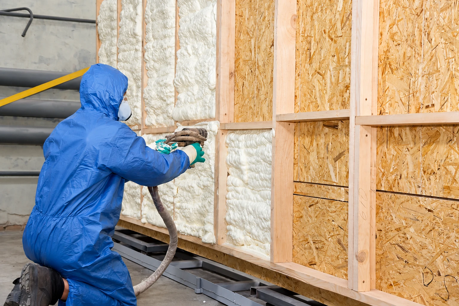 A worker in protective coveralls sprays foam insulation into wall cavities in a commercial building.