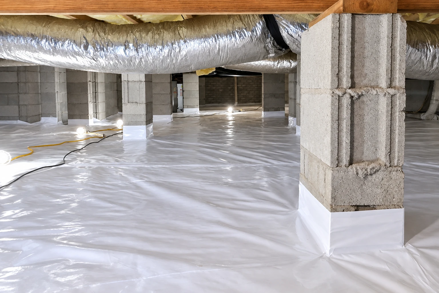 White vapor barrier covers a crawl space floor around concrete block columns, beneath large insulated ducts.