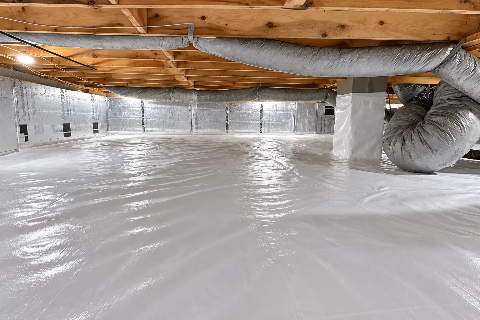 A crawl space has a white plastic vapor barrier covering the floor and lower walls beneath exposed joists and ducts.