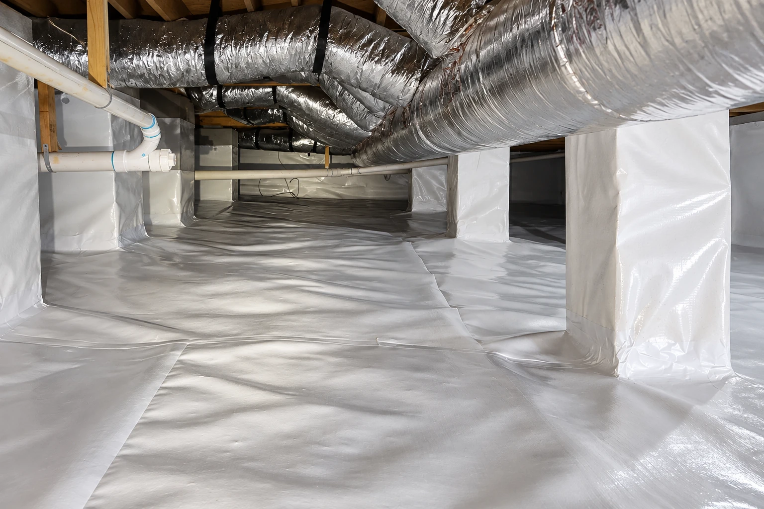A crawl space floor and support piers are covered with white vapor barrier beneath metal ductwork and pipes.