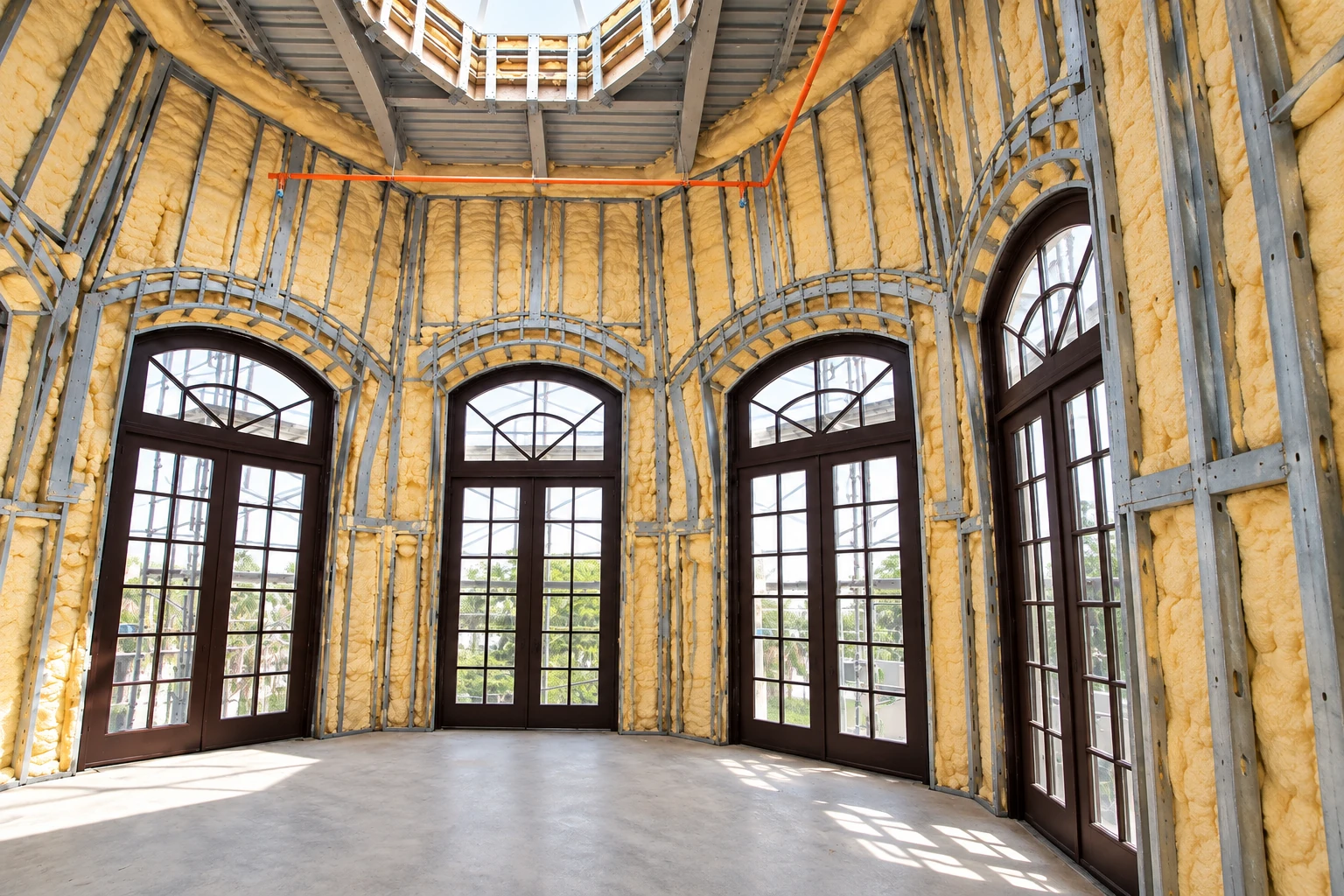 Yellow spray foam insulation fills metal wall framing around tall arched windows in an unfinished room.