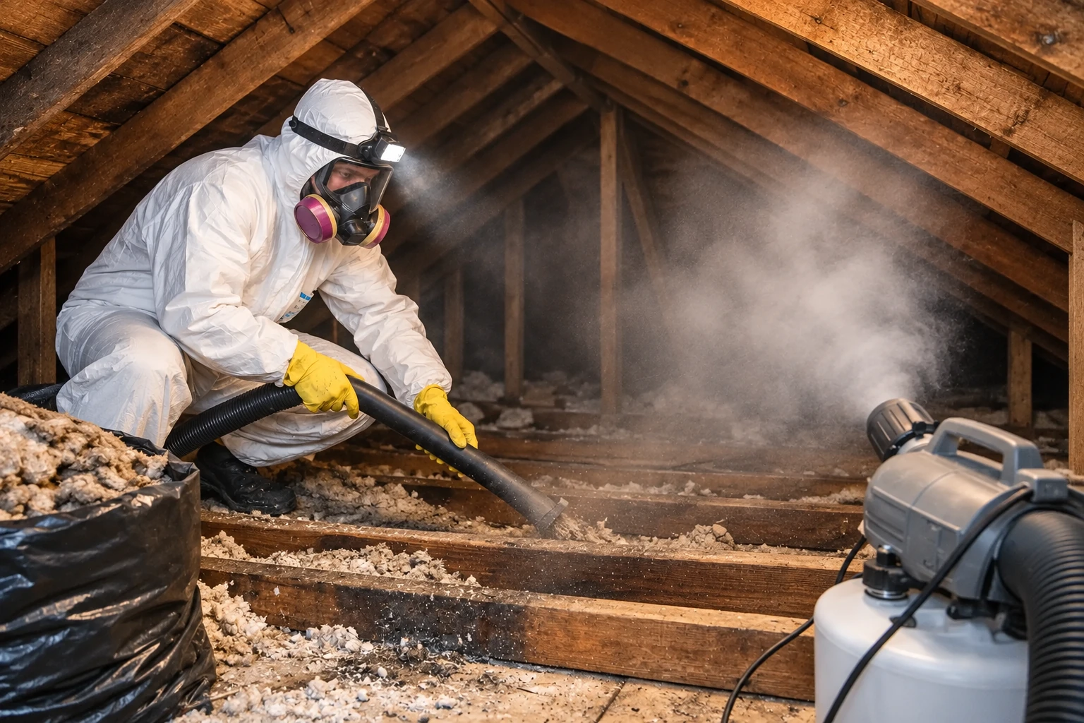 A worker in protective coveralls and a respirator vacuums loose attic insulation through a hose.