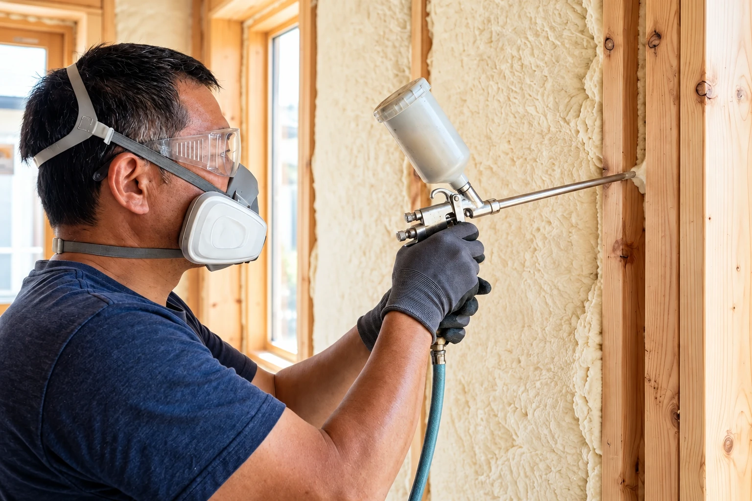 A worker wearing goggles, a respirator, and gloves sprays foam insulation into a wood-framed wall.