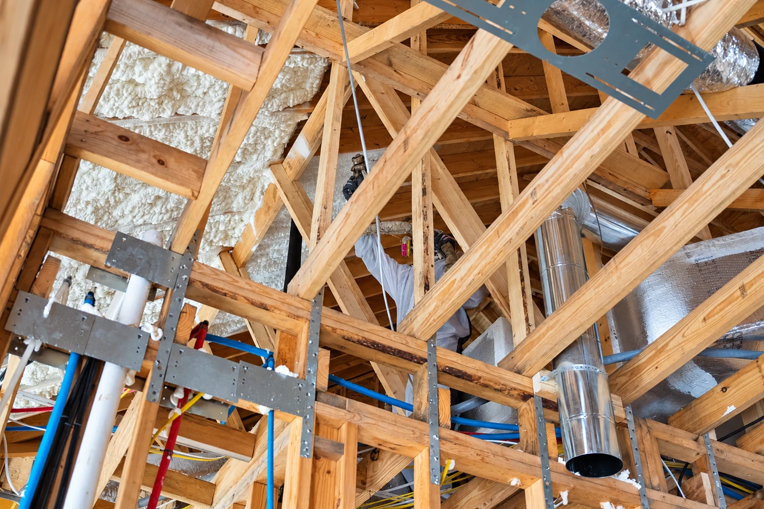 A worker in protective clothing installs insulation among exposed attic trusses, pipes, and metal ductwork.