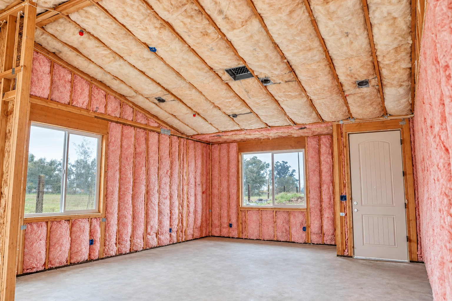 Pink fiberglass batts fill the walls and fluffy insulation covers the exposed rafters in an unfinished room with windows and a door.