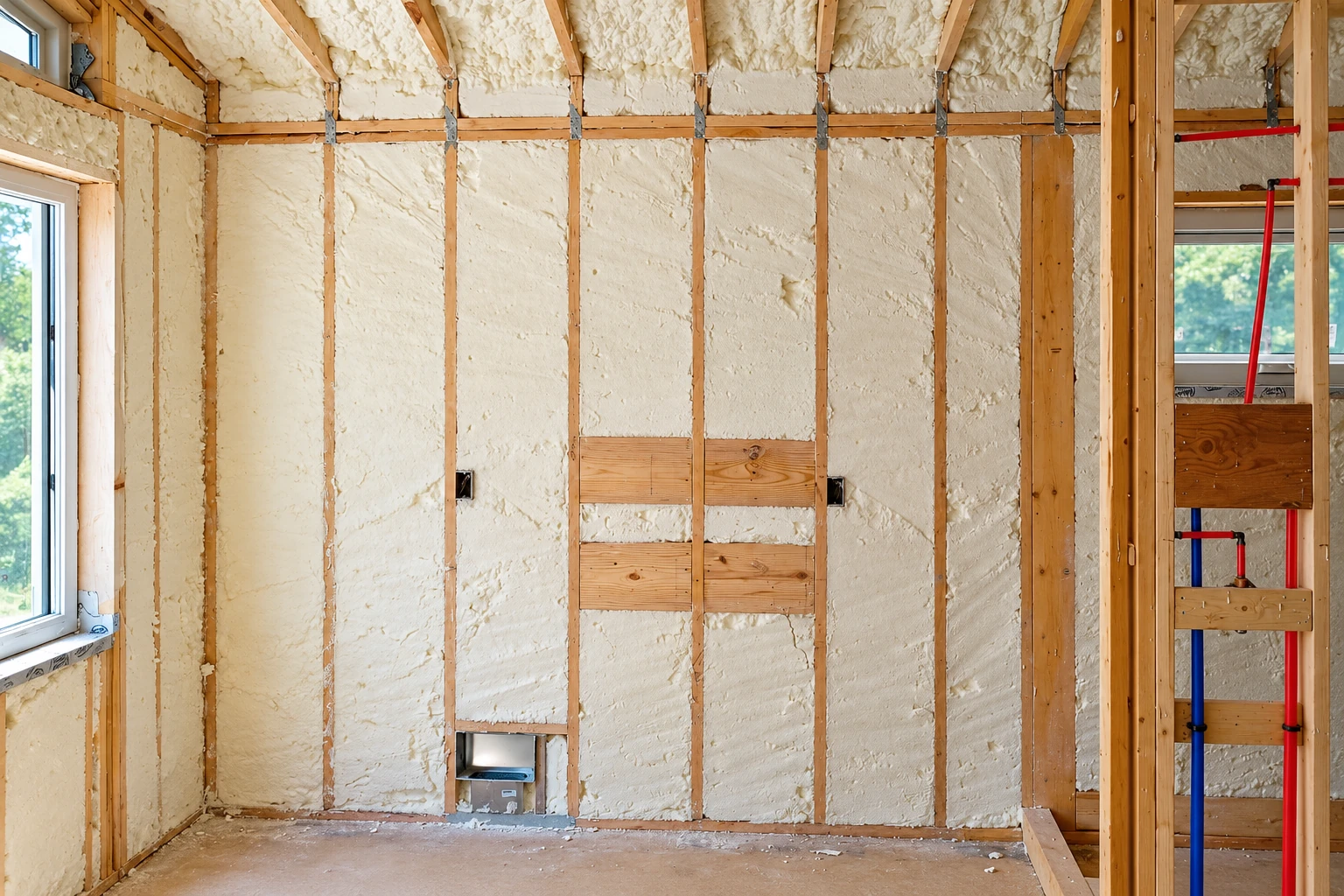 Exposed wall framing is filled with cream spray foam insulation, with windows and red and blue pipes visible.