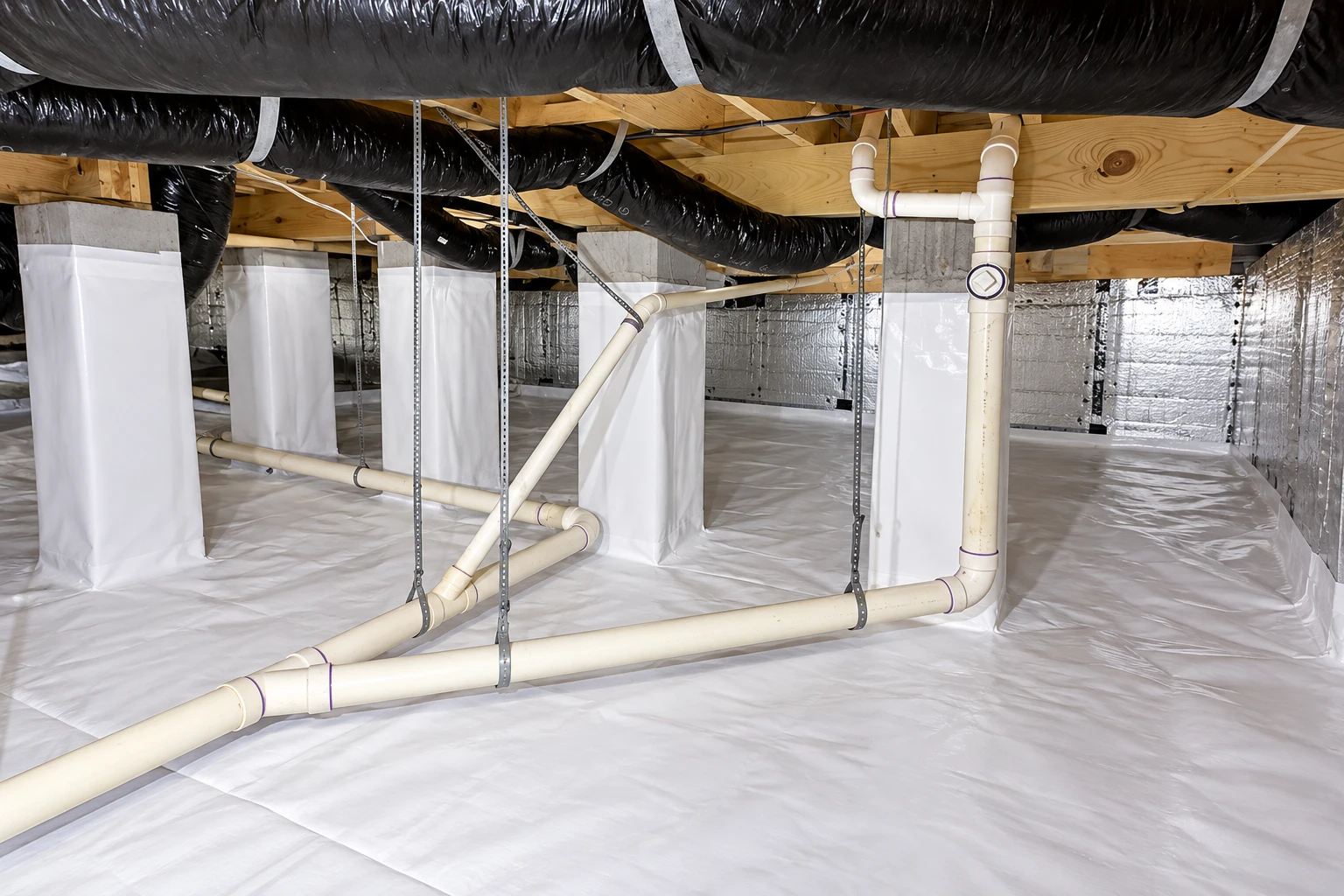 White vapor barrier sheeting covers a crawl space floor and support columns, with pipes and ducts overhead.