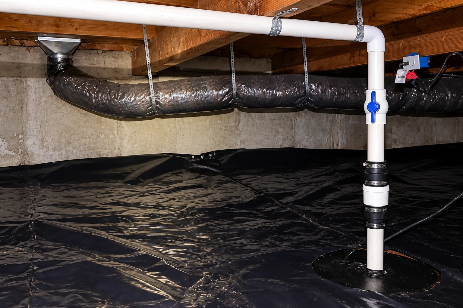 Black plastic vapor barrier covers a crawl space floor beneath a white pipe and large flexible duct.
