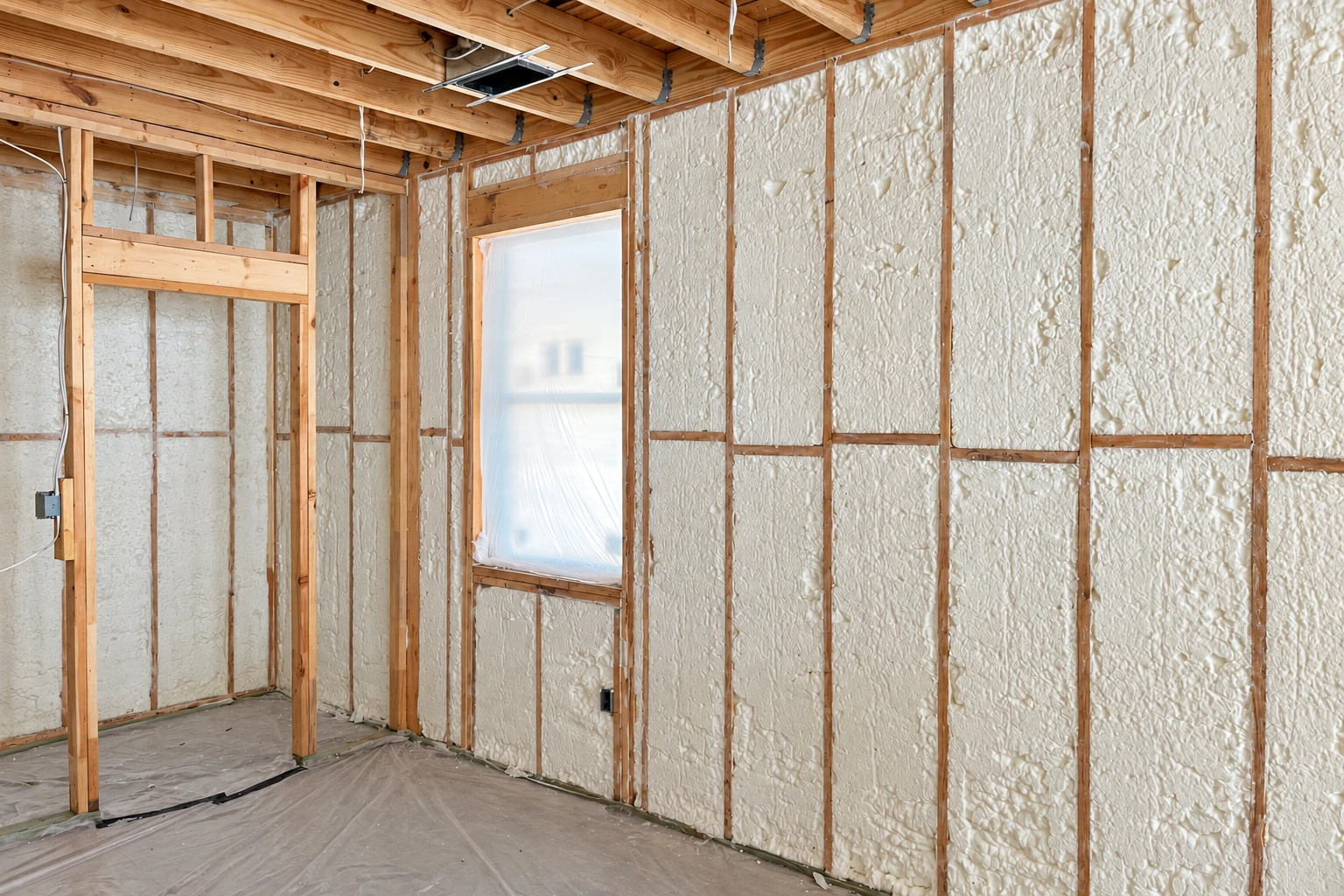 Unfinished room with white spray foam insulation between exposed wall studs and plastic sheeting over the floor.